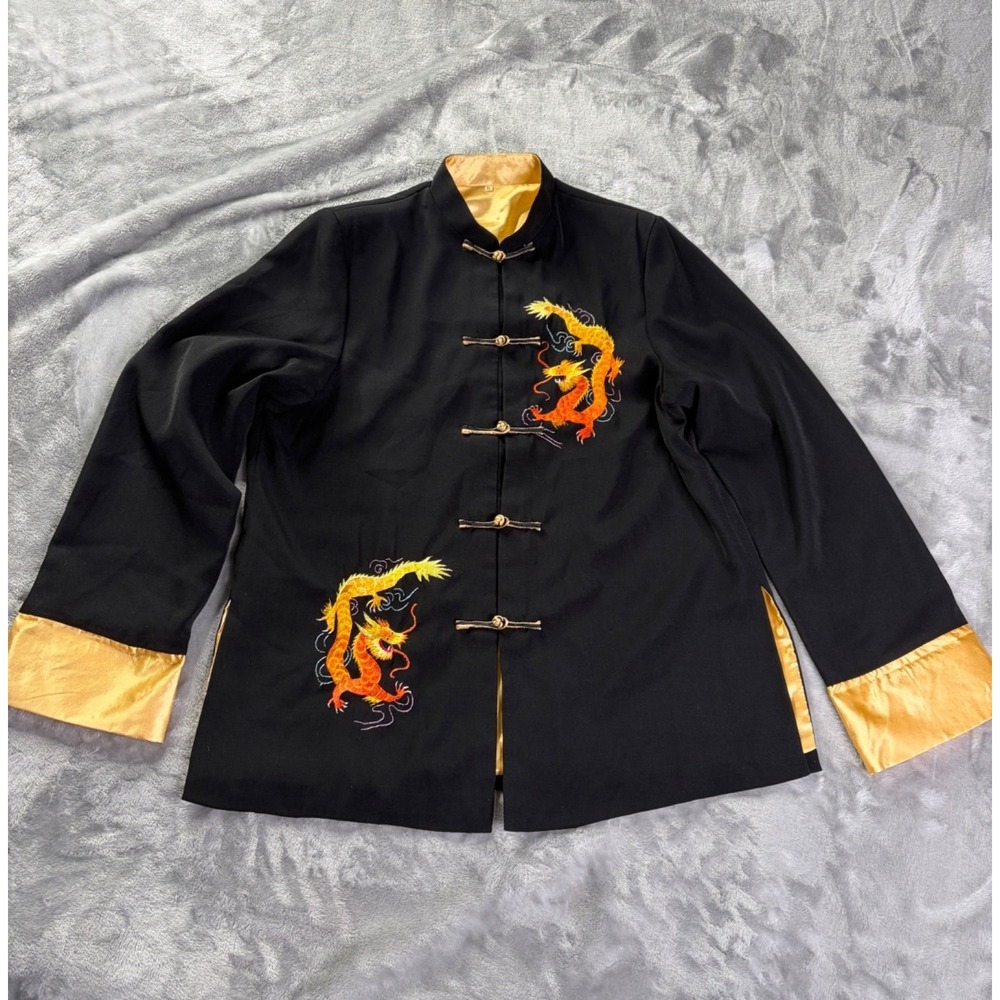 Chinese Tang Suit Jacket Womens XL Black Dragon Embroidered Frog Button Kung